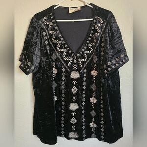 Savanna Jane Cowgirl Velvet Black  Embroidered Short Sleeve Blouse Sz 3x